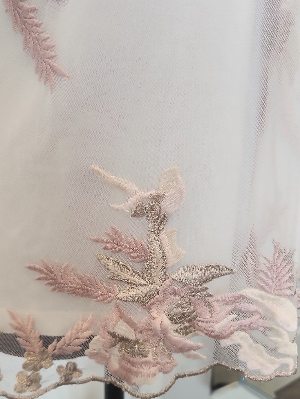White House Black Market Ivory Sheer Blouse with Blush and Gold Embroidery - Picture 6 of 8